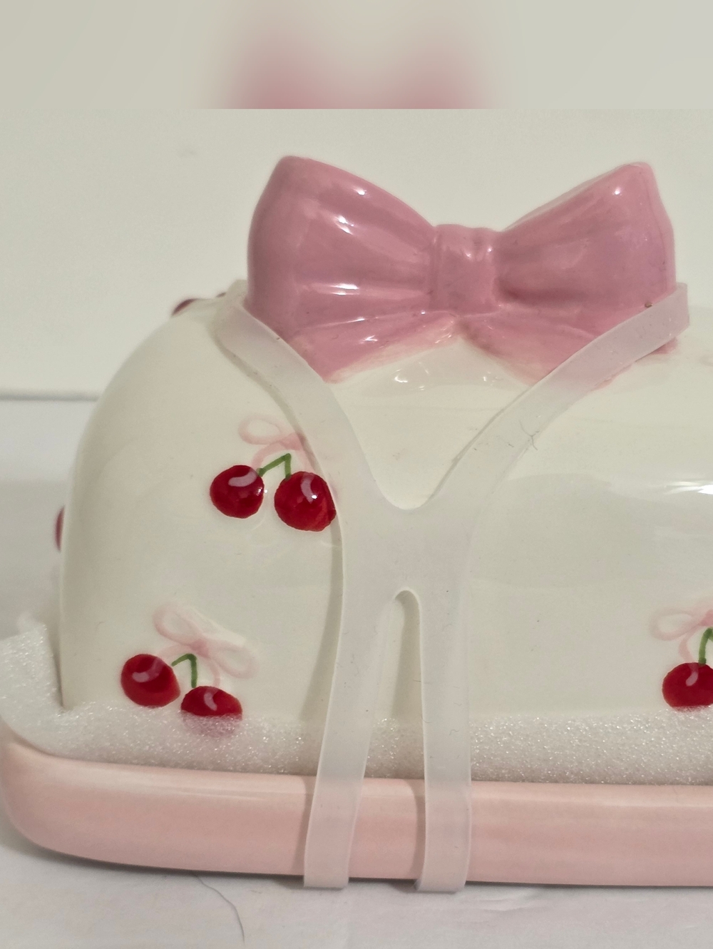 Pink Bow Ceramic Butter Dish with Cherry Motif